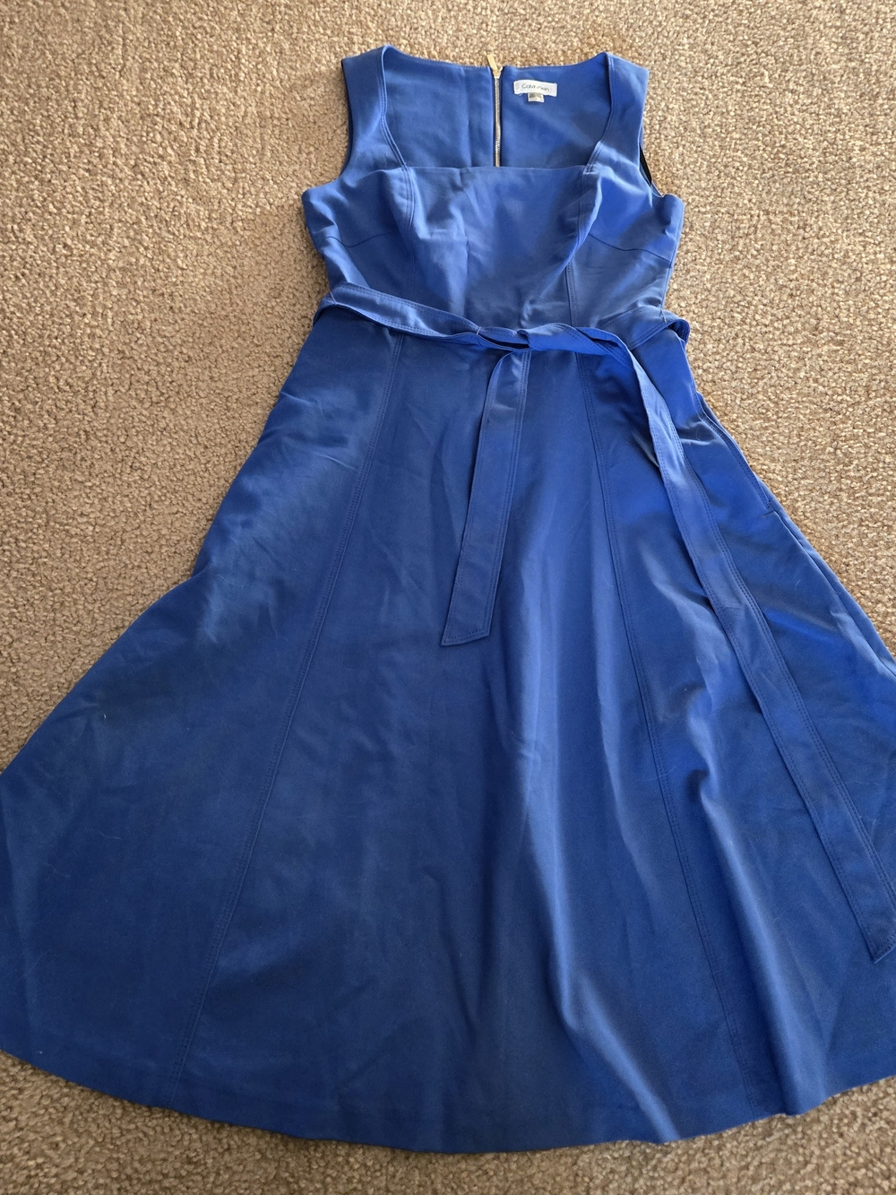 Blue Sleeveless Fit-and-Flare Dress with Waist Tie